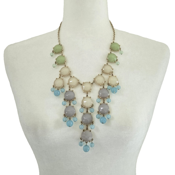 Statement Necklace Chunky Pastel Beaded Goldtone Runway Maximalist Cocktail Glam - Picture 1 of 13
